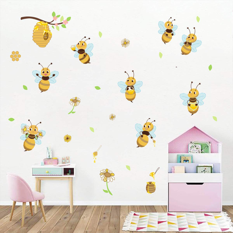 Wall Stickers Yellow Bee Wall Sticker Flowers Beehive Branch for Children's Room Living Room