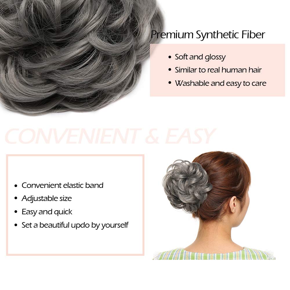 Messy Hair Bun Synthetic Scrunchy Donut Wavy Updo Elastic Scrunchie Thick Full Wedding Hair Pieces Bridal Hairpiece Easy Bun Updos for Women Kids 1pcs 40g Dark Gray