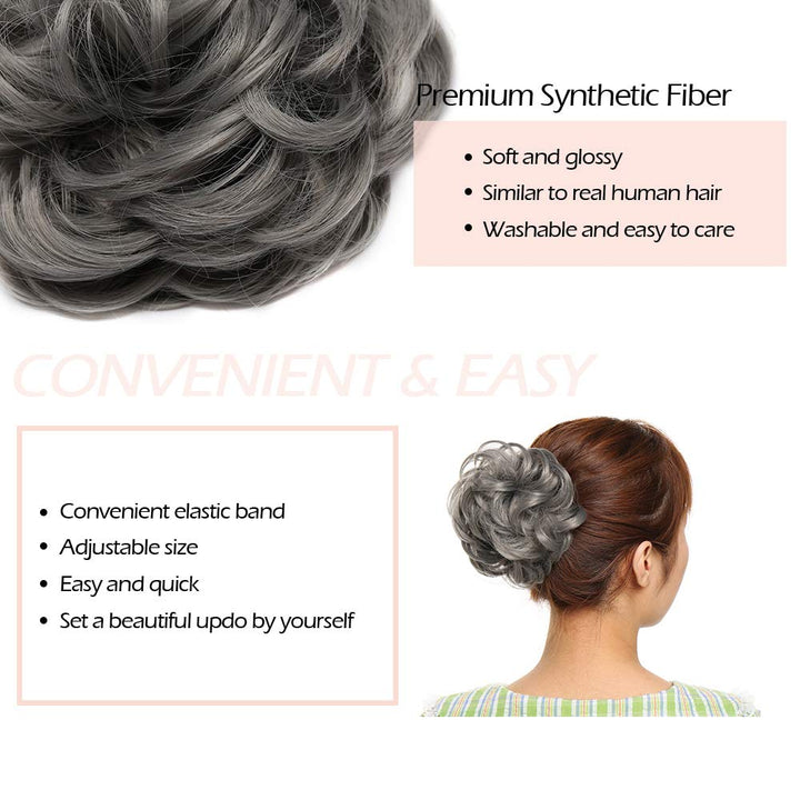 Messy Hair Bun Synthetic Scrunchy Donut Wavy Updo Elastic Scrunchie Thick Full Wedding Hair Pieces Bridal Hairpiece Easy Bun Updos for Women Kids 1pcs 40g Dark Gray