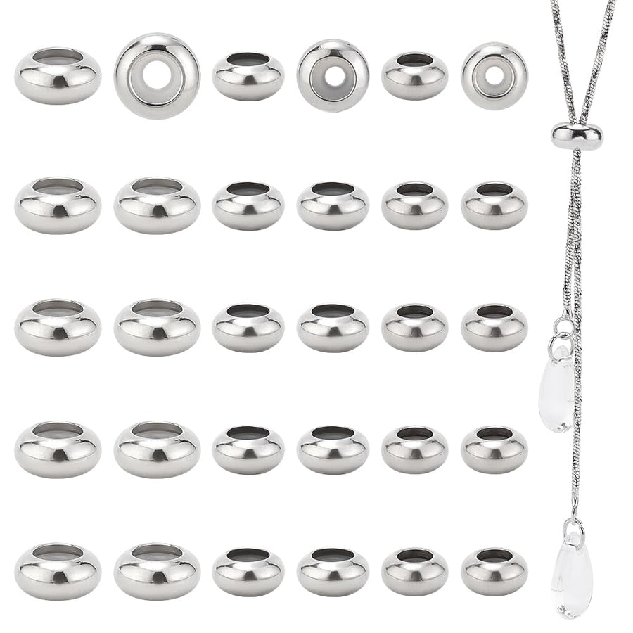 304 Stainless Steel Slider Beads 30pcs Stopper Beads 7mm 8mm 10mm Adjustable Beads Slider Metal Loose Beads with Rubber Inside for Bracelets Necklaces Chain Jewelry Making Hole: 1~3mm