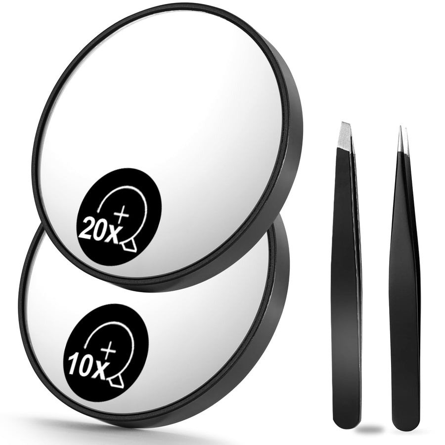 10X(300R) & 20X(200R) Magnifying Mirrors and Two Eyebrow Tweezers Kits, 3.5 Two Suction Cups Magnifier Travel Set