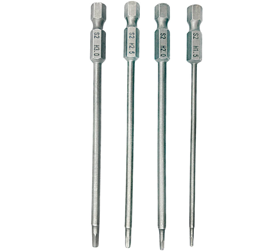 RC Hex Bit Set 1.5, 2.0, 2.5 & 3.0mm Hex Head Allen Wrench Drill Bit S2 Steel 1/4 Hex Shank 4.3 Long for Screwdrivers Bit Electric Screwgun/Power Drill RC Repair Working Tools