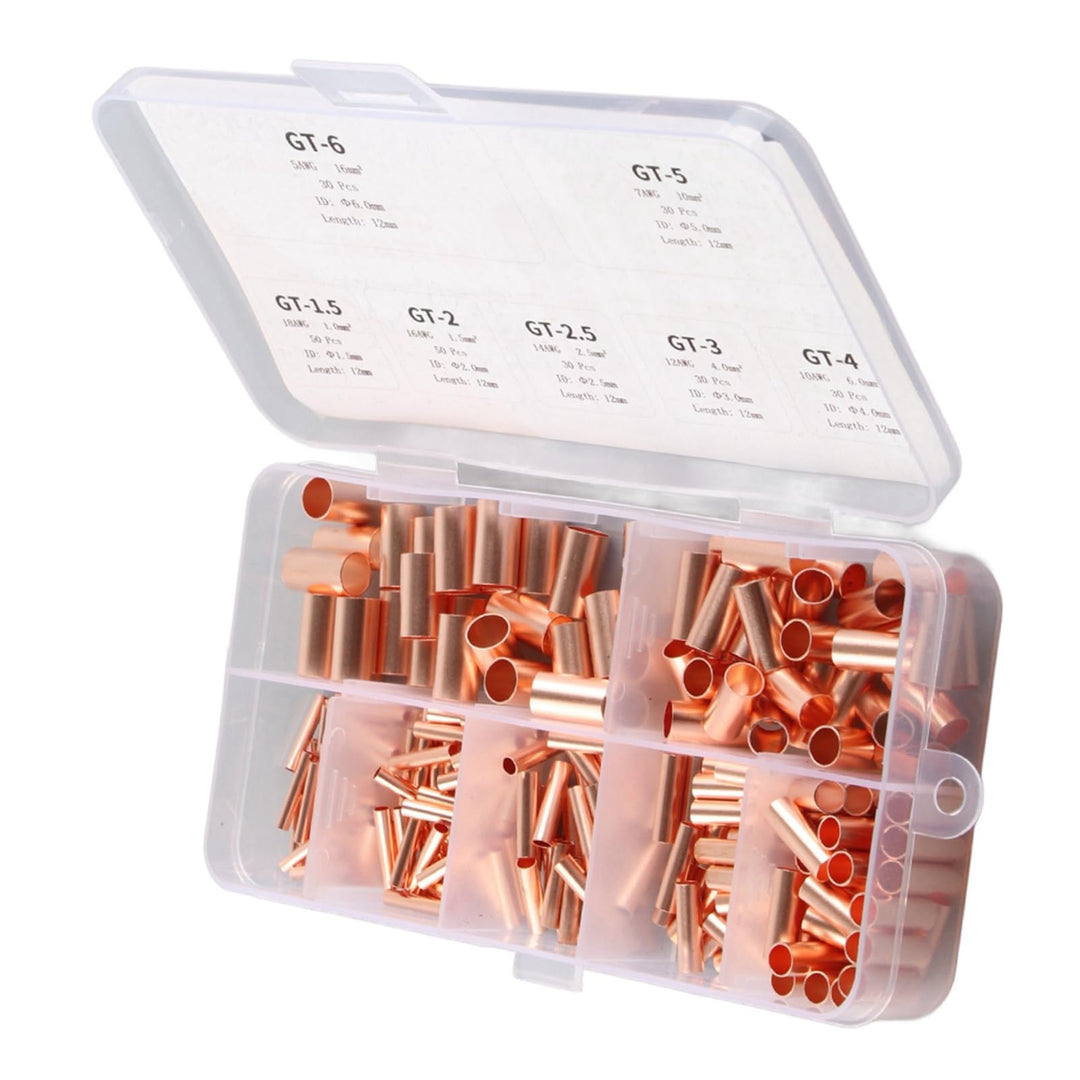 250Pcs Straight Copper Coupling Fittings, 7 Values Dia 1.5mm 2mm 2.5mm 3mm 4mm 5mm 6mm/ 12mm Long Metric Cable Crimp Terminal, Refrigerator A/C Tube Connector