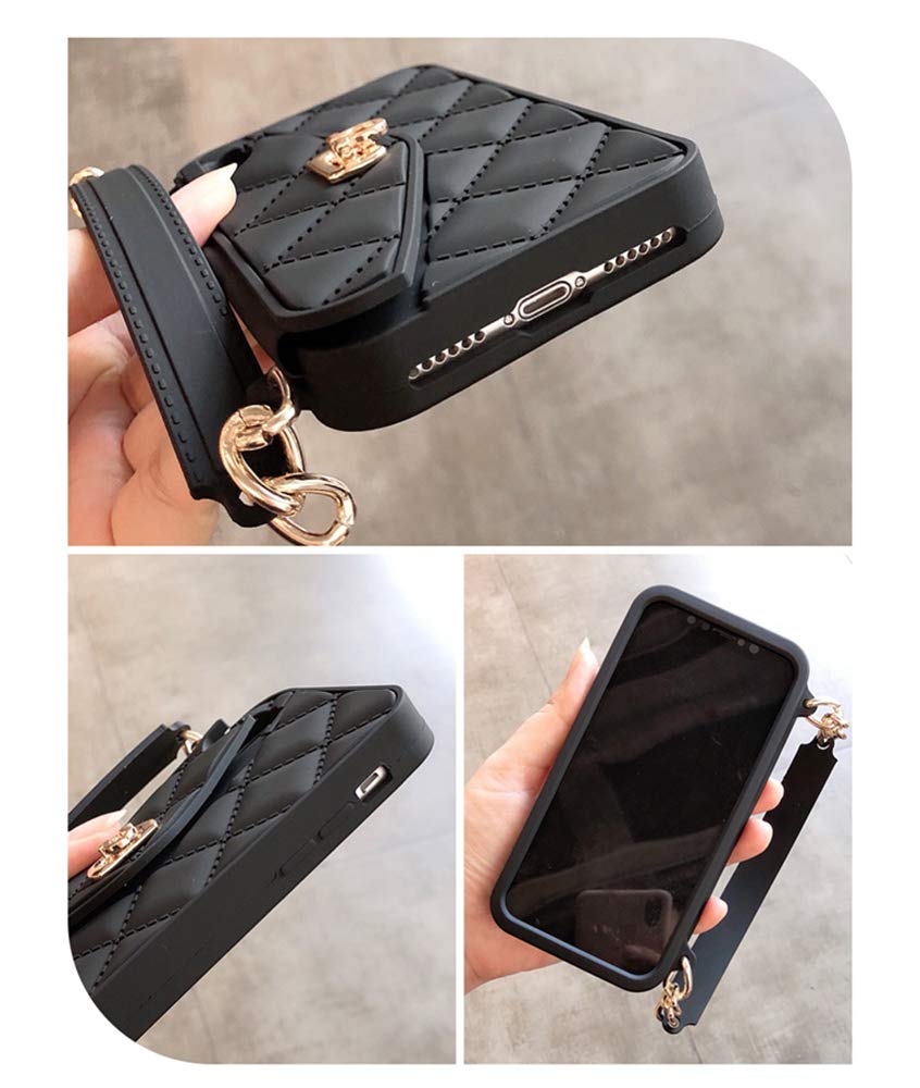 Wallet Case Compatible with iPhone 13 Pro Max, Cute Light Luxury Bag Design, Purse Flip Card Pouch Cover Soft Silicone Case with Handstrap Long Shoulder Strap (Black, iPhone 13 Pro Max)