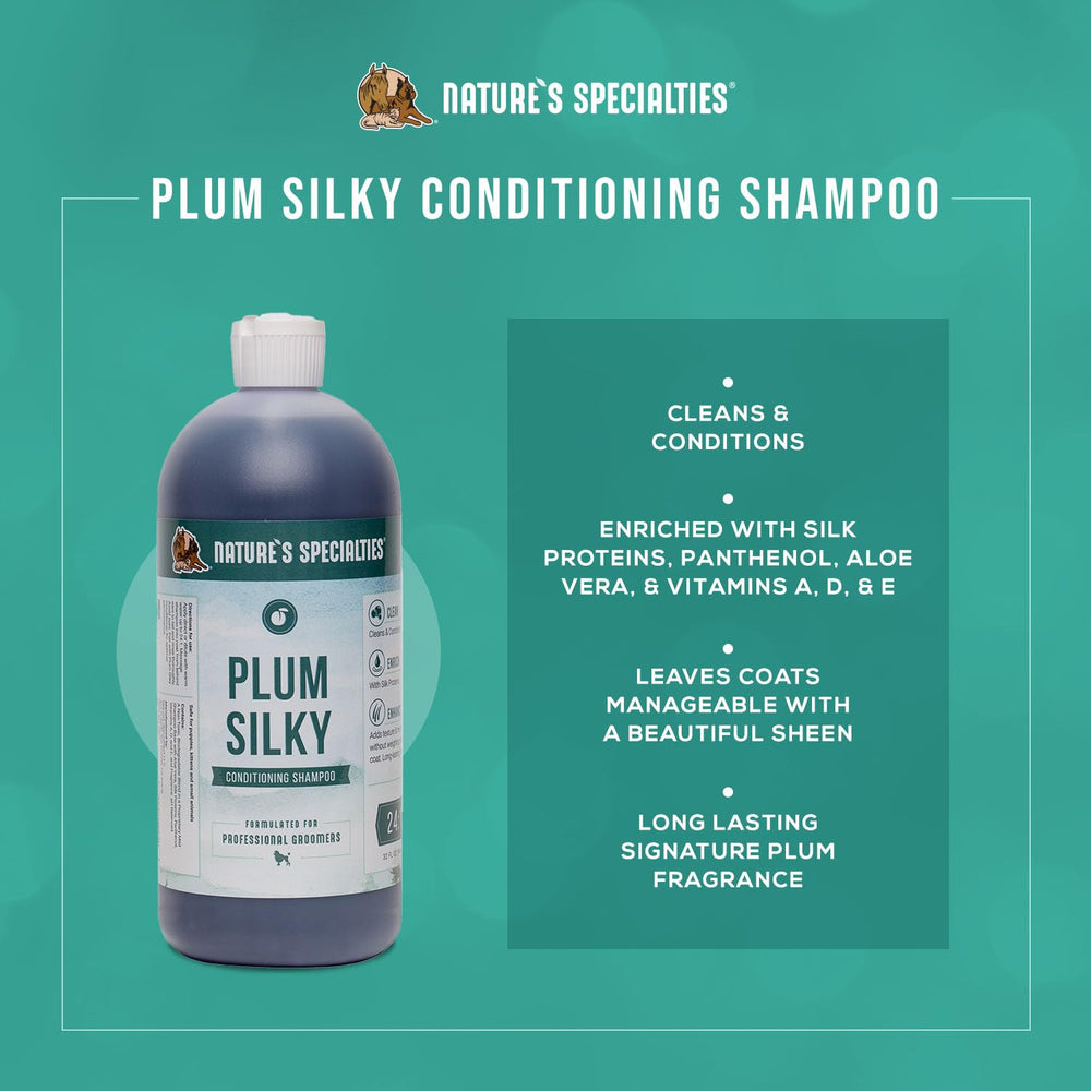Plum Silky Ultra Concentrated Dog Shampoo Conditioner, Makes up to 6 Gallons, Natural Choice for Professional Pet Groomers, Silk Proteins, Made in USA, 32 oz
