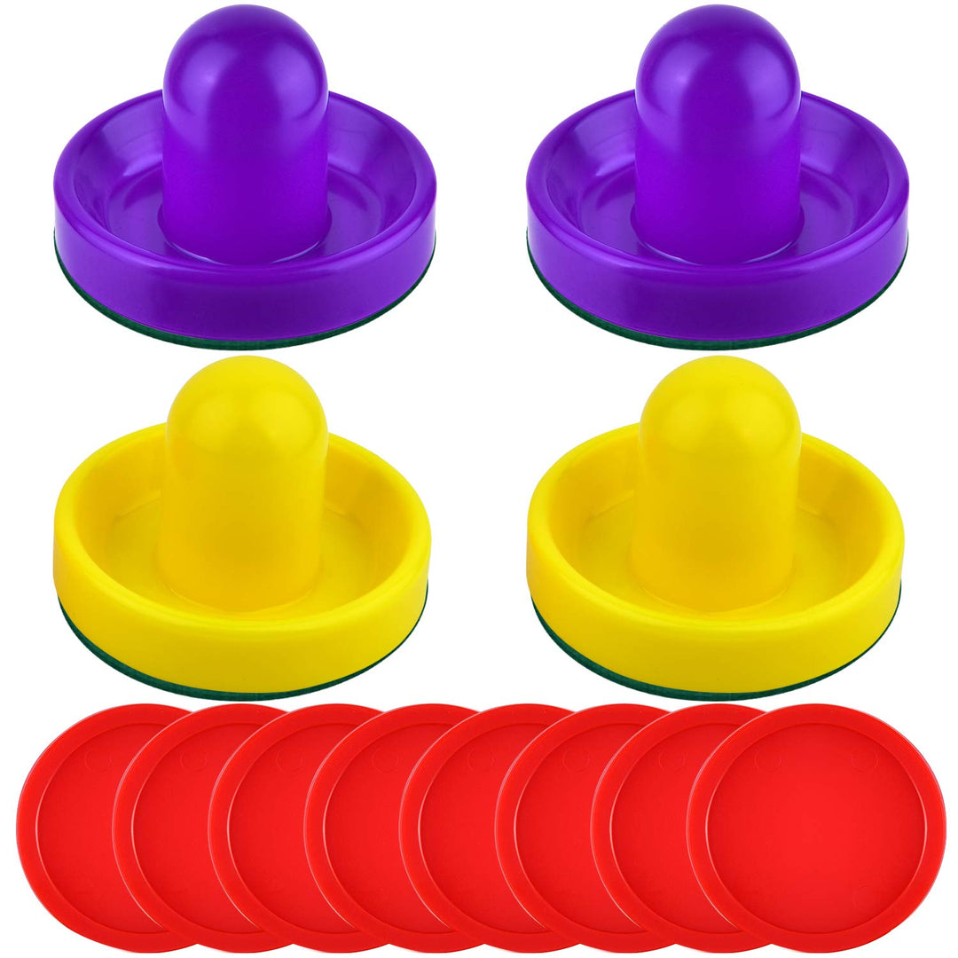 Air Hockey Pushers and Red Air Hockey Pucks, Goal Handles Paddles Replacement Accessories for Game Tables(4 Striker, 8 Puck Pack) (Purple and Yellow)
