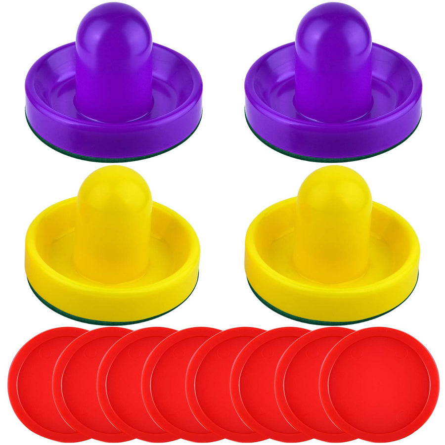 Air Hockey Pushers and Red Air Hockey Pucks, Goal Handles Paddles Replacement Accessories for Game Tables(4 Striker, 8 Puck Pack) (Purple and Yellow)