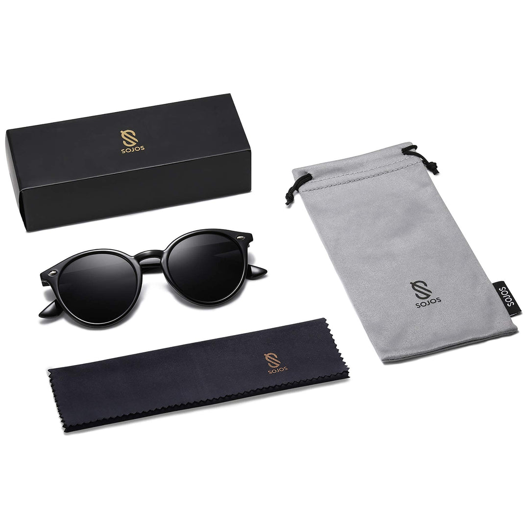 Retro Round Polarized Sunglasses for Women Men Classic Vintage Sunnies SJ2069, Black/Grey