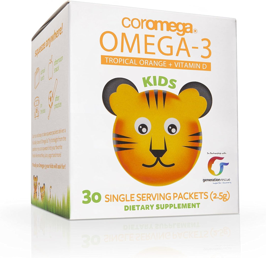 Kids Omega 3 Fish Oil Supplement, 650mg of Omega-3s, Tropical Orange + Vitamin D, 30 Single Serve Squeeze Packets