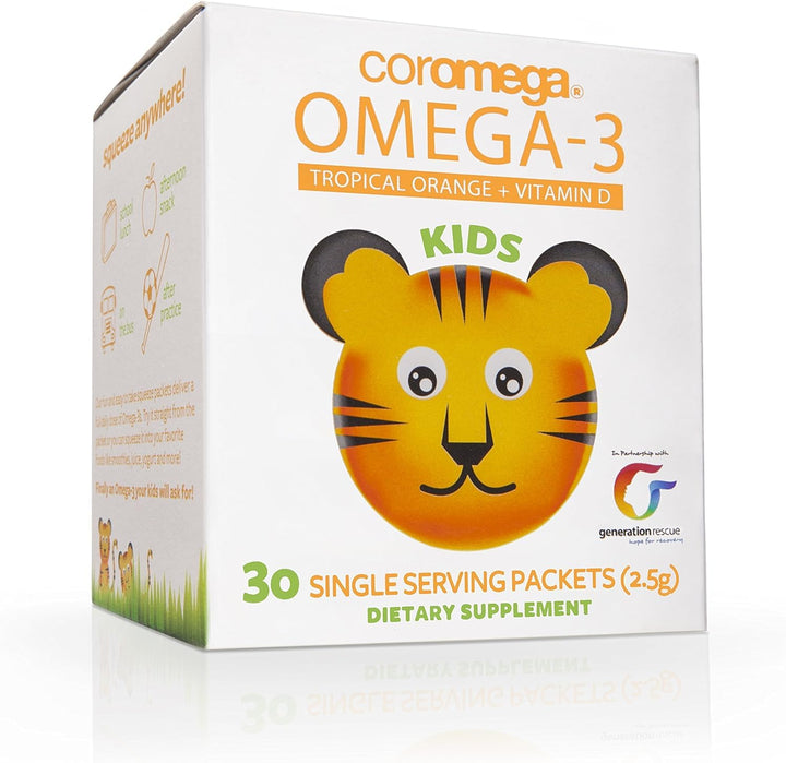 Kids Omega 3 Fish Oil Supplement, 650mg of Omega-3s, Tropical Orange + Vitamin D, 30 Single Serve Squeeze Packets