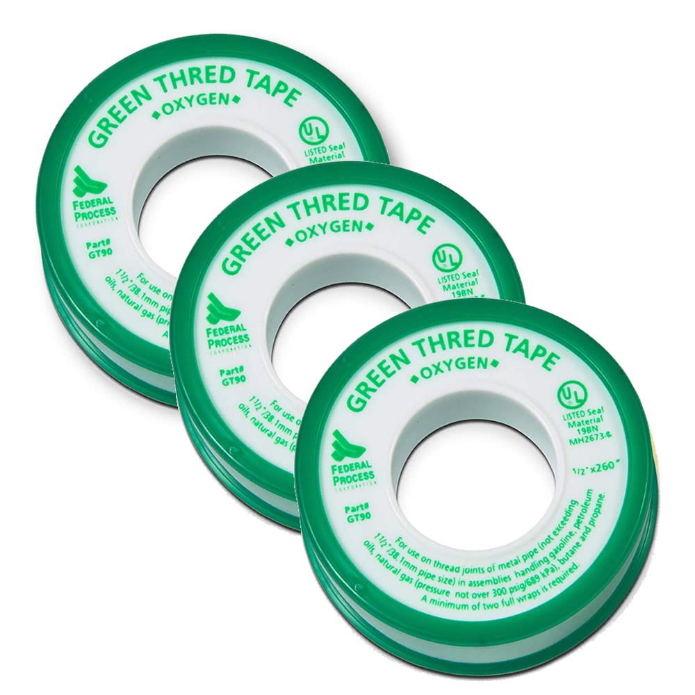 Green PTFE Thread Seal Tape – Professional-Grade, 1/2 Inch x 260 Inch, High-Density Thread Tape for Oxygen Lines – Leak-Proof Seal, Non-Toxic, 3 Pack