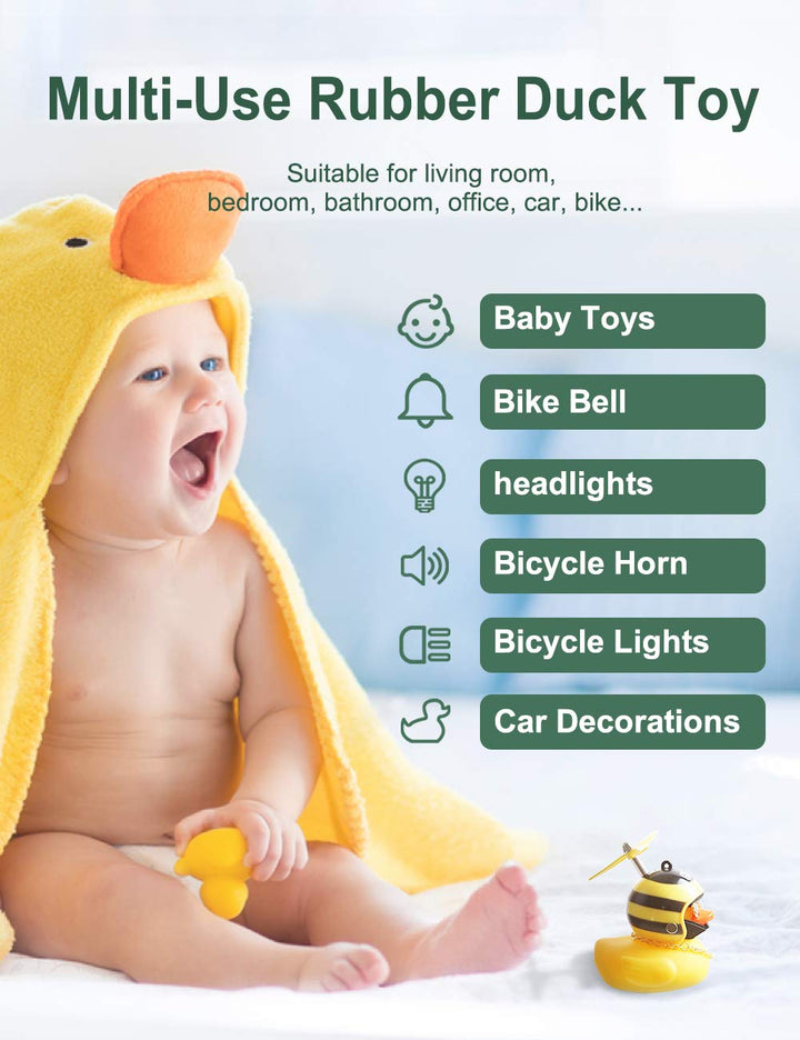 Duck Toy Car Decorations, Rubber Duck Car Ornaments for Dashboard, Yellow Duck Bike Bell with Propeller Helmet & Horn Light for Kids, Adults, Men, Women (Bee)