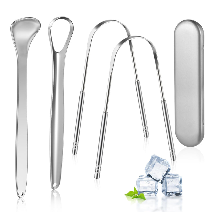 Tongue Scraper Cleaner (4 Pack), Tongue Scrapers for Adults Stainless Steel Tongue Cleaners Reduce Bad Breath Tongue Brush Dental Kit with Case