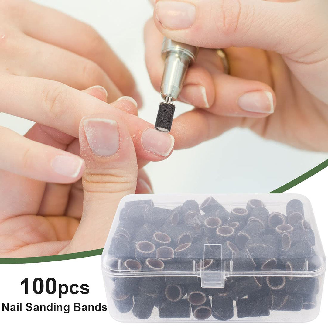 120# professional nail sanding bands for nail drill,drill sanding band with storage box,include 100 medium sand bands and 2 pieces mandrel for most size 3/32 nail drill machine