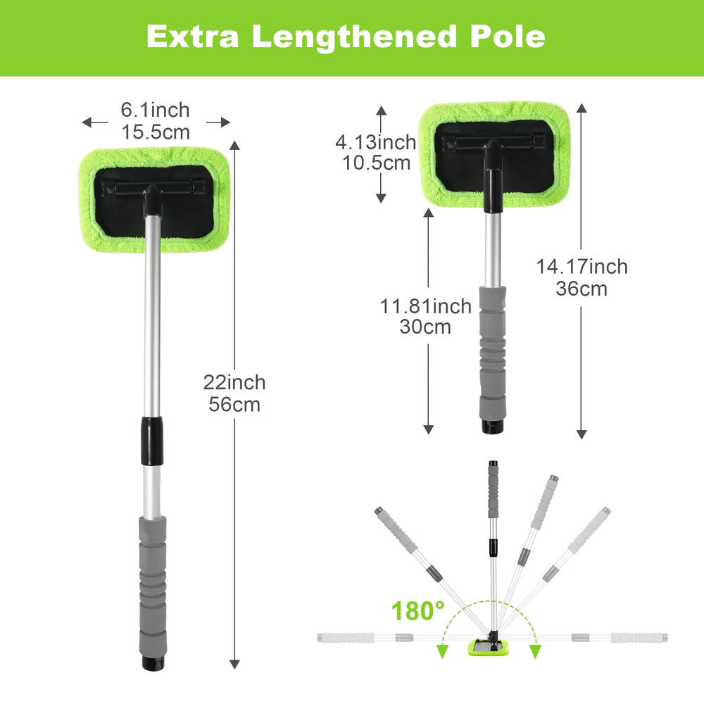 XINDELL Car Window Cleaner - Windshield Glass Cleaning Tool with Extendable Handle, Reusable Microfiber Pads Cloth for Car Interior & Exterior, Streak-Free Auto Glass Cleaner (Green)