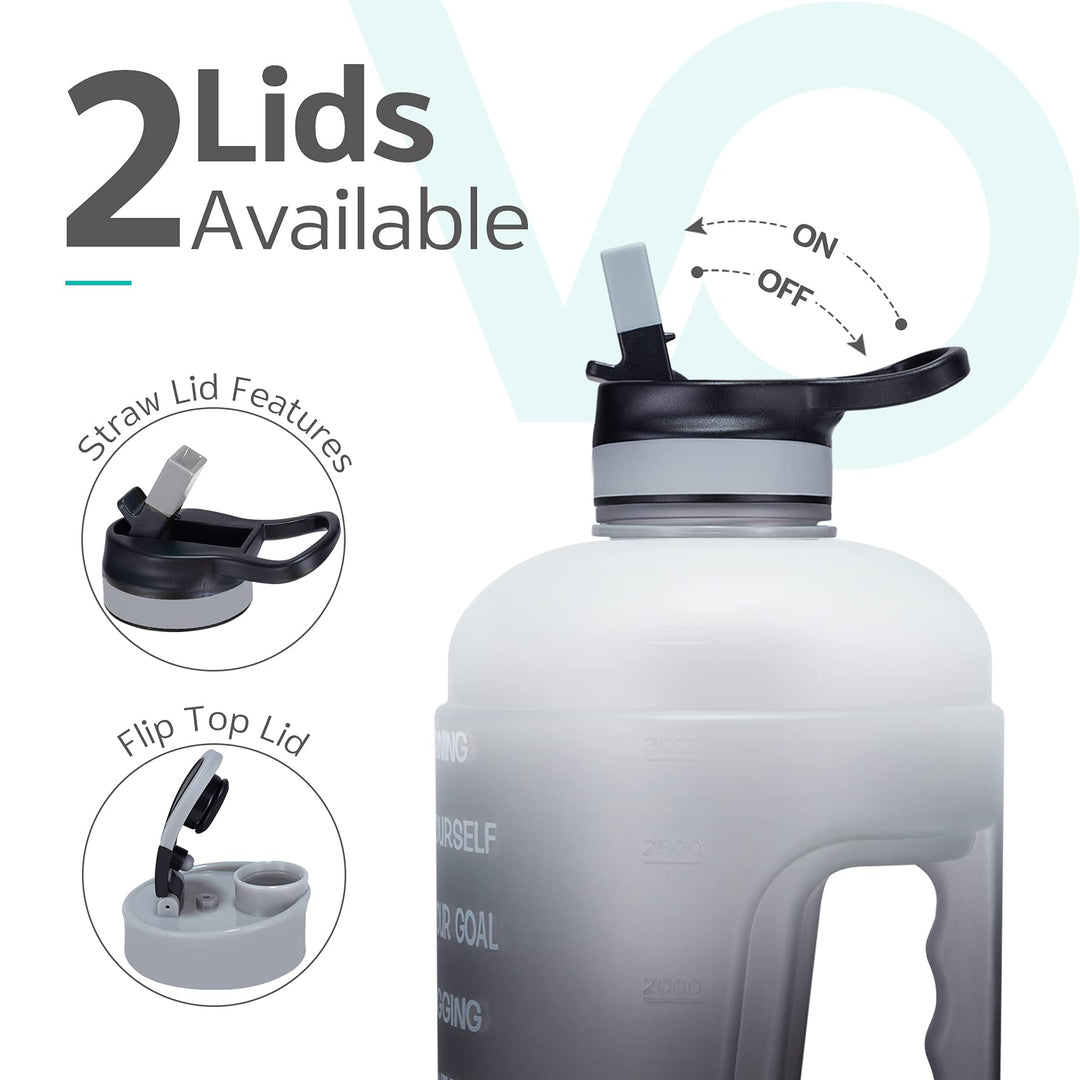 Half Gallon Water Bottle with 2 Lids, Large 64 oz Water Jug with Motivational Time Marker to Ensure You Drink Enough Water-White/Gray Gradient