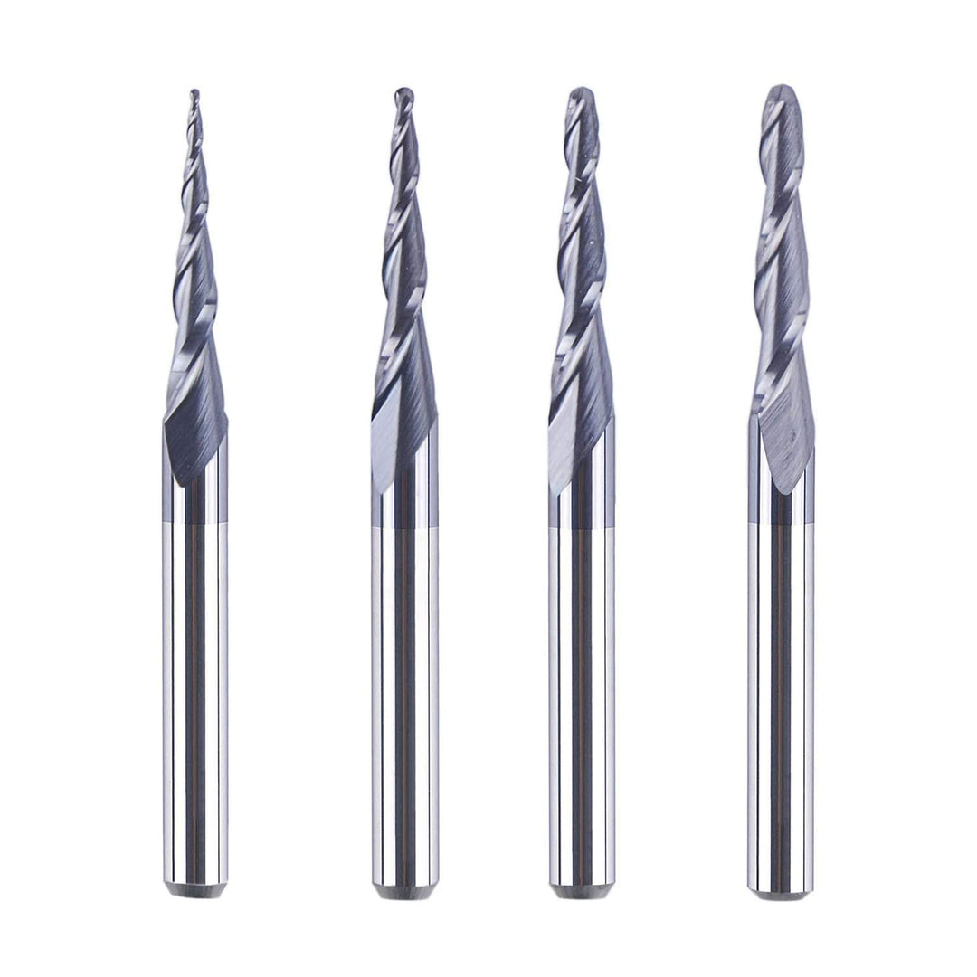 4Pcs/Pack Assorted R0.25~1.0 Tip 1/8 Tapered End Mill Cone Ball Nose Carbide Bit CNC Cutter for Carving Engraving