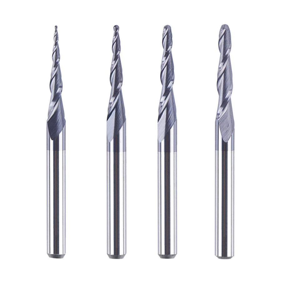4Pcs/Pack Assorted R0.25~1.0 Tip 1/8 Tapered End Mill Cone Ball Nose Carbide Bit CNC Cutter for Carving Engraving