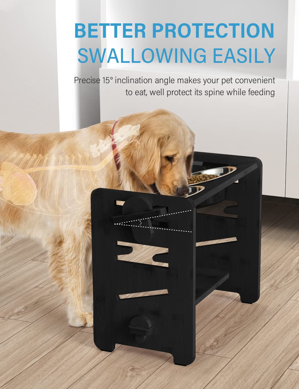 Elevated Dog Bowls, Adjustable Raised Dog Bowl Stand for Medium Sized Pet, Sturdy Bamboo Food Feeder with 2 Stainless Steel Dishes, Natural