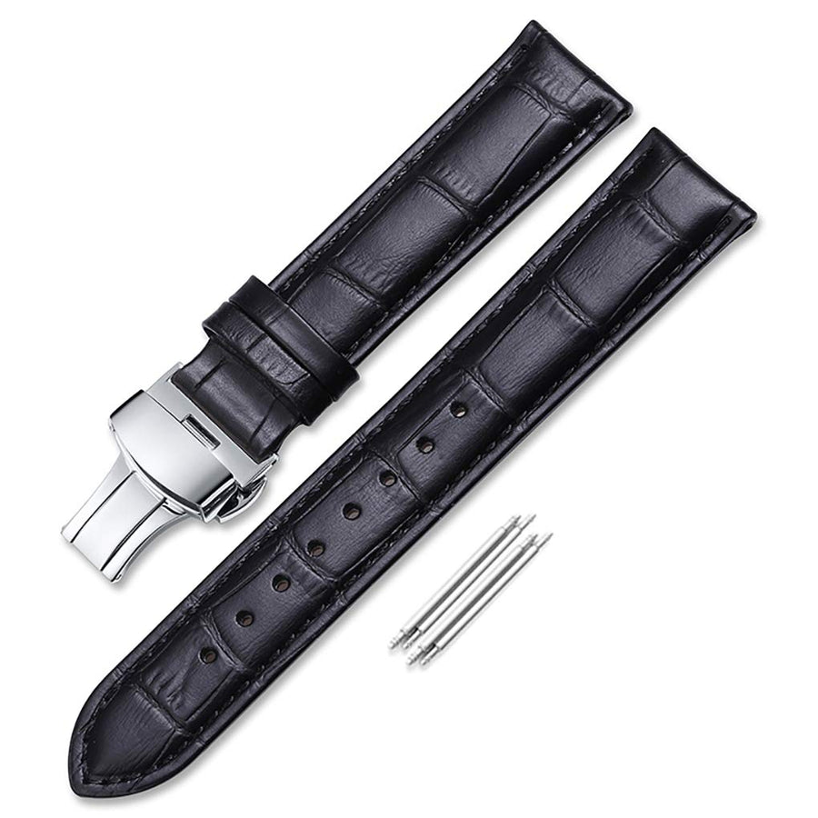 Leather Watch band -Alligator Grain Embossed Pattern Calfskin Replacement Strap-Stainless Steel Deployment Buckle with Push Buttons-Bracelet for Men Women-18mm 19mm 20mm 21mm 22mm 24mm