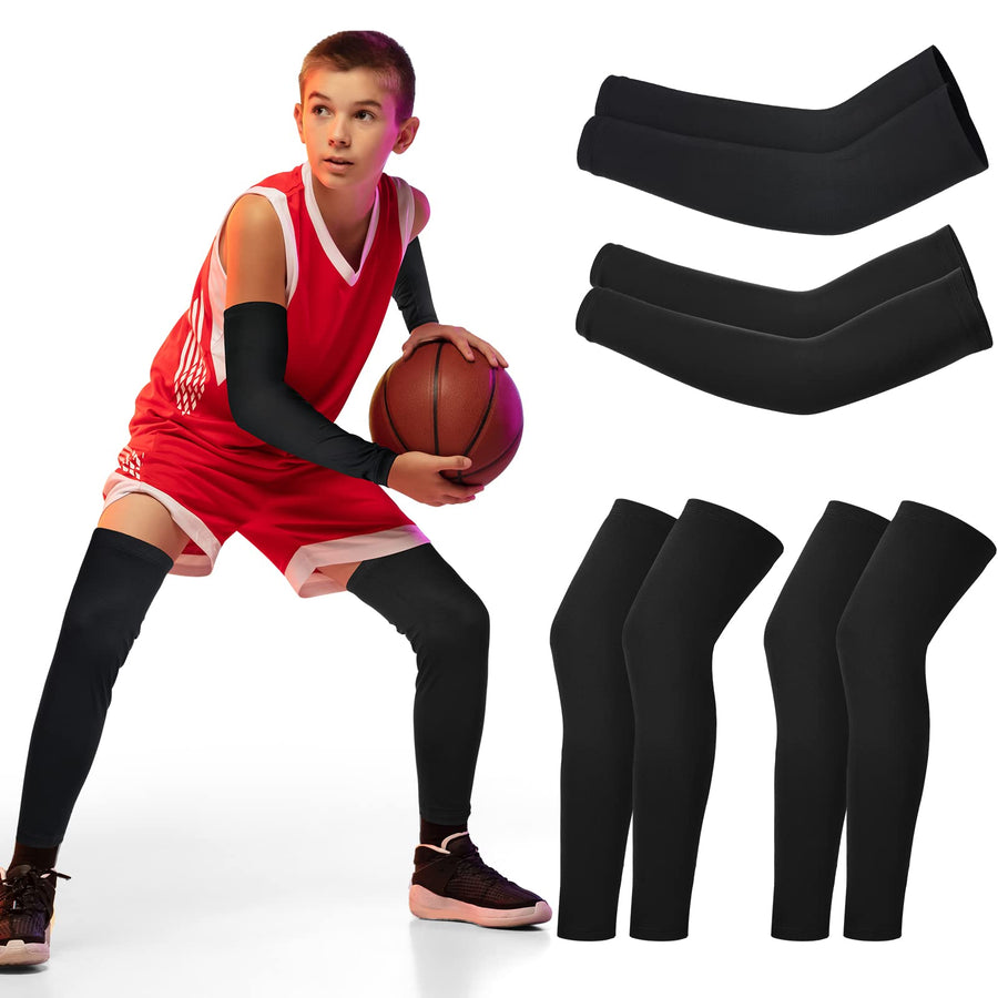 4 Pairs Kids Leg Sleeves Compression and Arm Sleeves Youth Leg Sleeves Arm Wraps for Cycling Basketball Sports (Black, Medium)