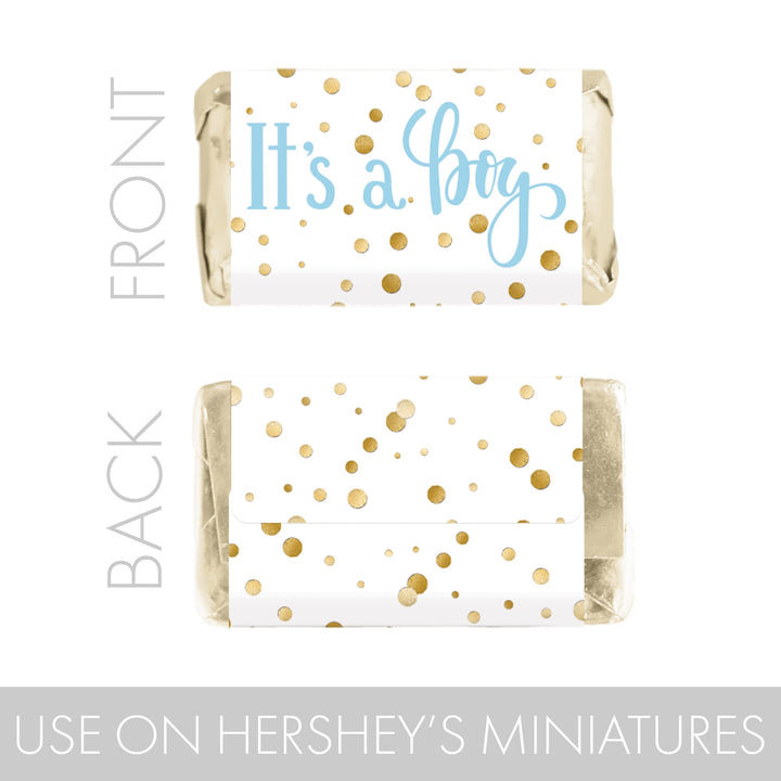 Blue and Gold It's a Boy Baby Shower Mini Candy Bar Wrappers - 45 Stickers