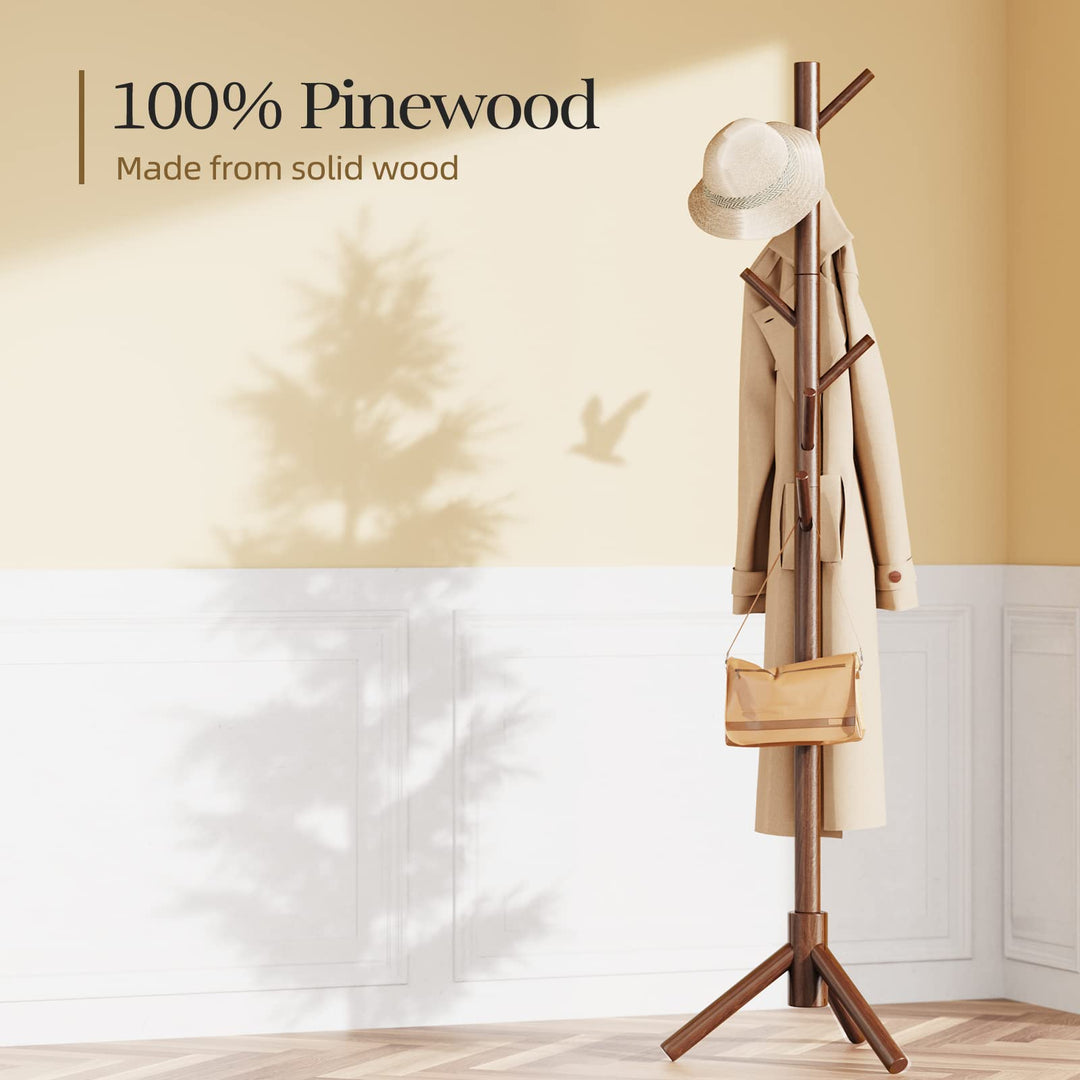 Sturdy Wooden Coat Tree with 8 Hooks, 3 Adjustable Sizes for Clothes, Hat Stand Used in Bedroom/Office/Entryway, Brown