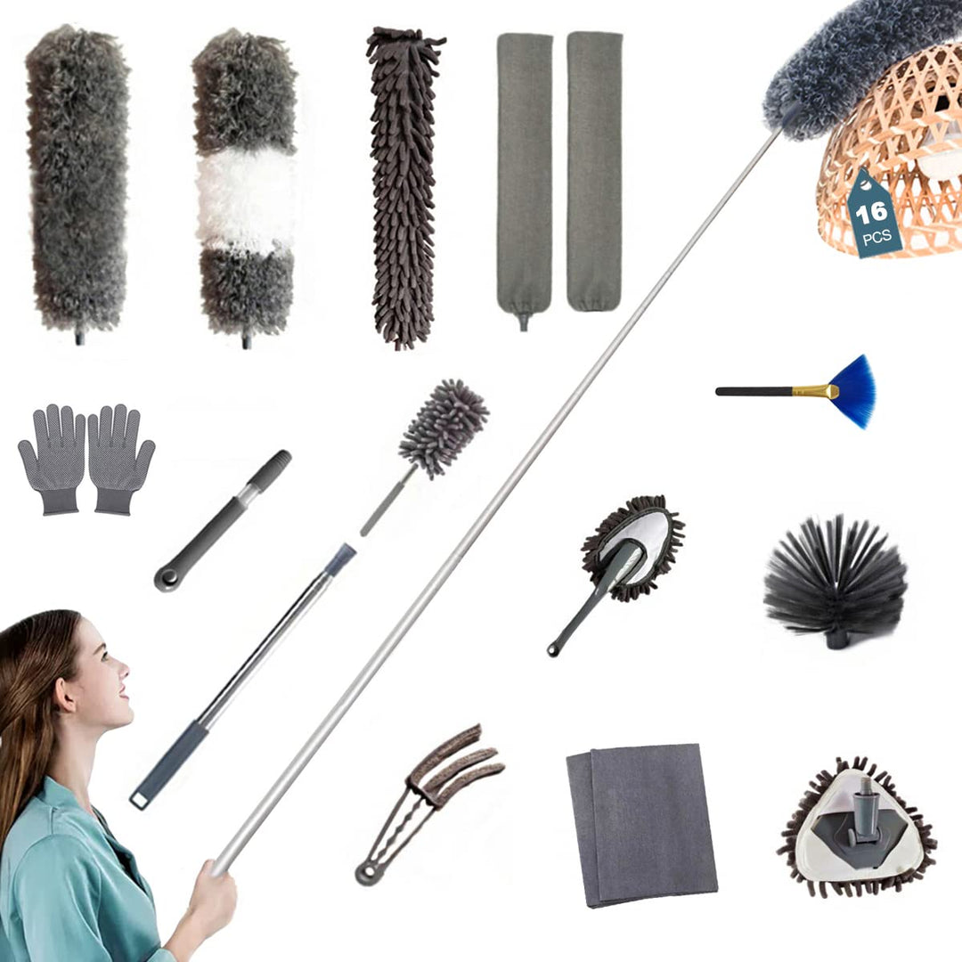 Adbzen Duster Household Cleaning Supplies Kit 16pcs Microfiber Feather Duster 100in Extension Pole Reusable Bendable Cobweb Duster Window High Ceiling Fan Gap Cleaner