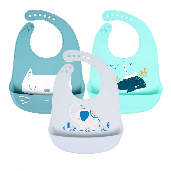 Baby Bibs Silicone Feeding Bibs, Weaning Waterproof Bibs with Food Crumb Catcher Pocket Baby Bibs Easily to Clean, Comfortable and Foldable