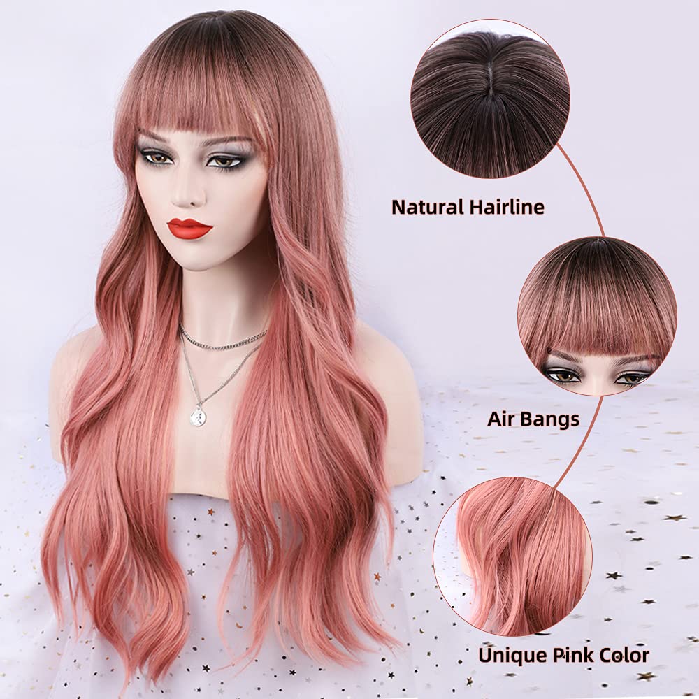 Ombre Pink Wig with Bangs Long Pink Wavy Wigs for Women Long Pink Wavy Wig Pink Ombre Heat Resistant Wigs for Daily Party(Ombre Pink 26inch)