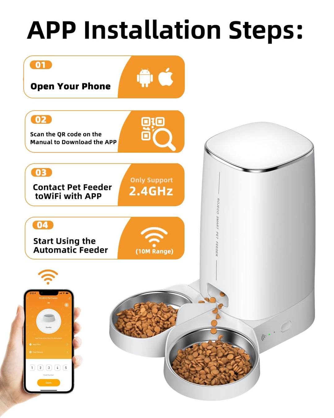 Automatic Cat Feeders for 2 Cats, 4L Cat Food Dispenser with APP Control, Double Stainless Steel Bowls, Dual Power Supply and Low Food Alarms, 2.4GHz Wi-Fi Enabled Pet Feeder for Cats and Dogs