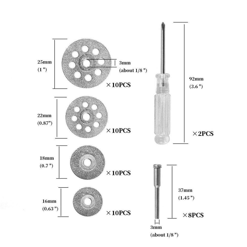 40 Pcs Diamond Cutting Wheel Kit (25mm/22mm/18mm/16mm Each 10), with 8pcs 3mm Mandrel and 2pcs Cross Screwdriver for Rotary Tool Cutting Gem Stones, Glass, Ceramics