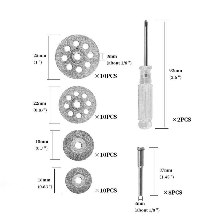 40 Pcs Diamond Cutting Wheel Kit (25mm/22mm/18mm/16mm Each 10), with 8pcs 3mm Mandrel and 2pcs Cross Screwdriver for Rotary Tool Cutting Gem Stones, Glass, Ceramics