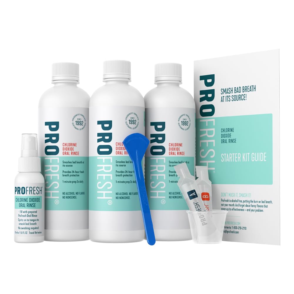 Fresh Breath System Starter Kit, Oral Rinse 16.9 Ounce Bottle (Pack of 3) with Prep Packs & Tongue Cleaner, Alcohol Free, Flavor Free