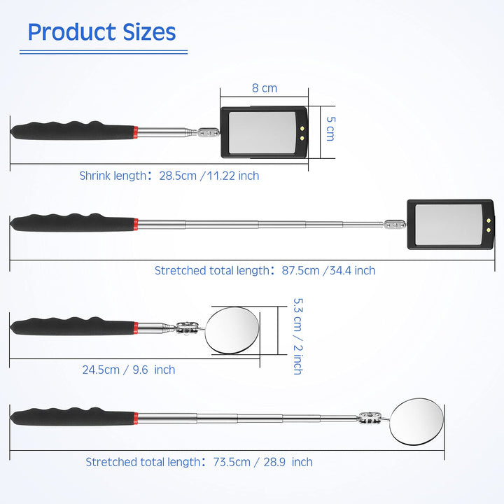 2 Pieces Lighted Telescoping Inspection Mirror Flexible Retractable LED Automotive Extension Round Dental Mirror with Light Pickup Tools Valentine Birthday Gift for Men, Husband, Father