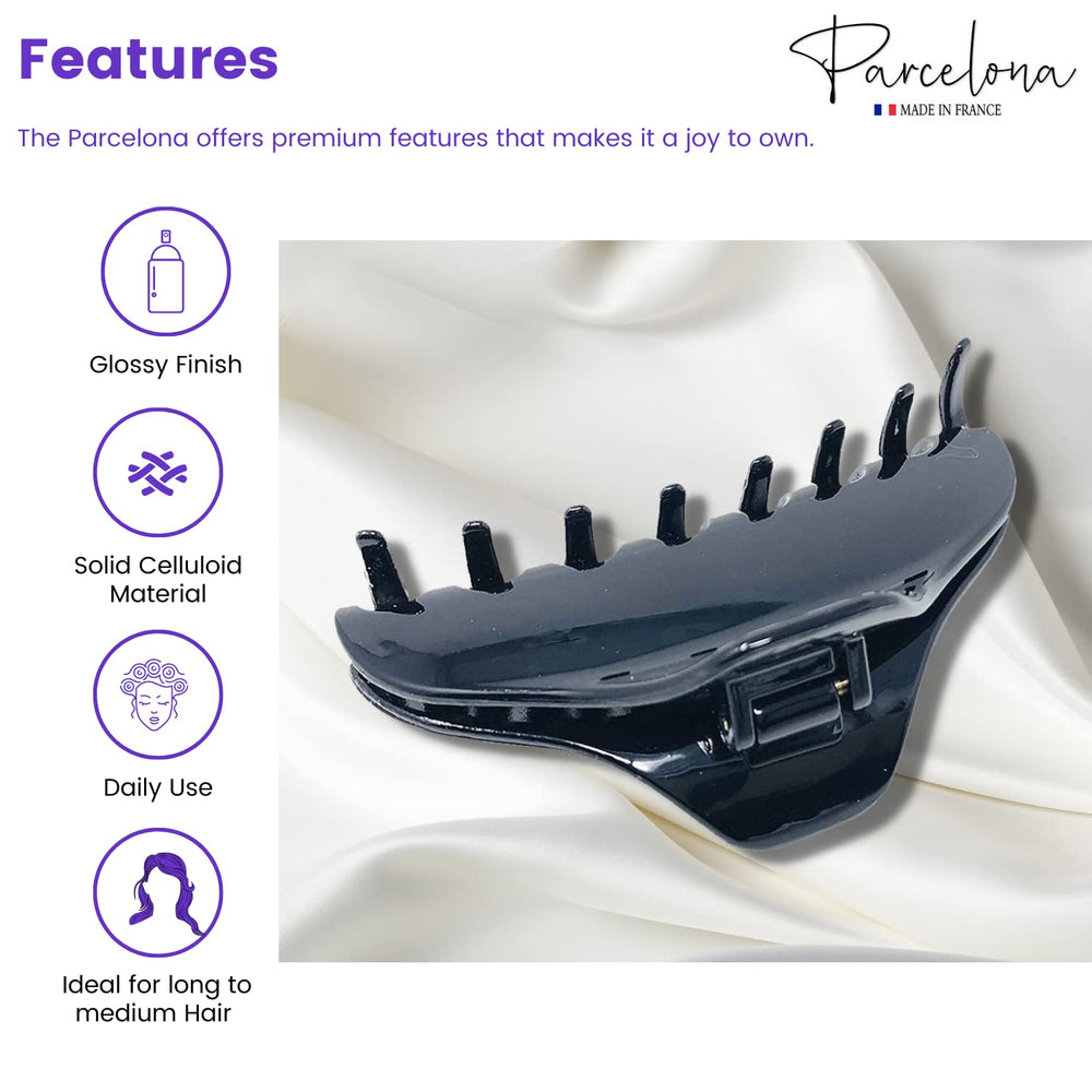 French Boss Thin Glossy Black Medium Covered Spring Jaw Hair Claw Clip Clutcher Clamp