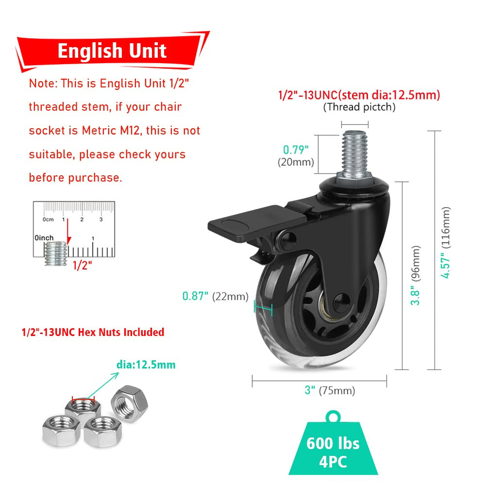 3 Swivel Caster No Noise Industrial Castors with Thread Stem 1/2-13 Locking Casters for Furniture DIY Tools with Hex Lock Nuts(2 with Brakes & 2 without)