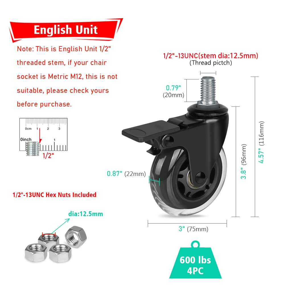 3 Swivel Caster No Noise Industrial Castors with Thread Stem 1/2-13 Locking Casters for Furniture DIY Tools with Hex Lock Nuts(2 with Brakes & 2 without)