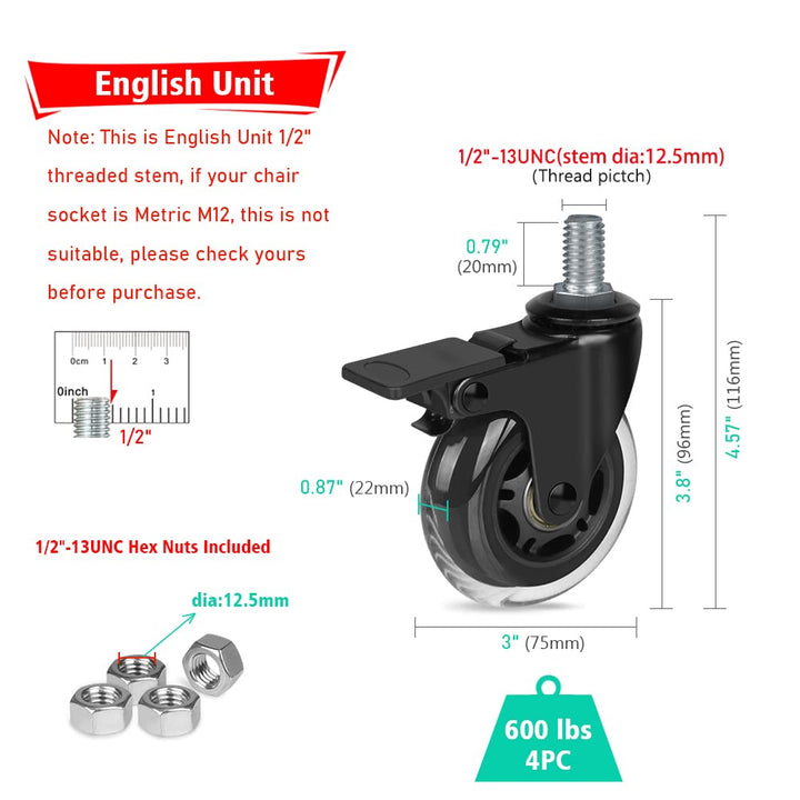 3 Swivel Caster No Noise Industrial Castors with Thread Stem 1/2-13 Locking Casters for Furniture DIY Tools with Hex Lock Nuts(2 with Brakes & 2 without)