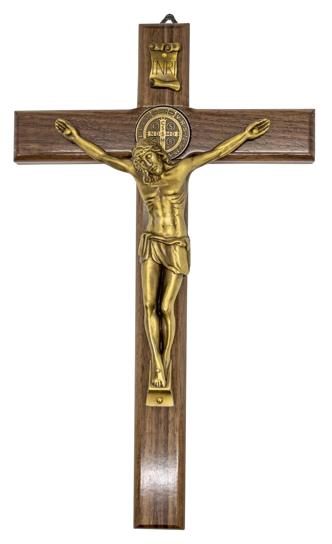 12 Dark Wood St. Benedict Crucifix with Metallic Corpus and Embedded St. Benedict Medals (Antique Brass)