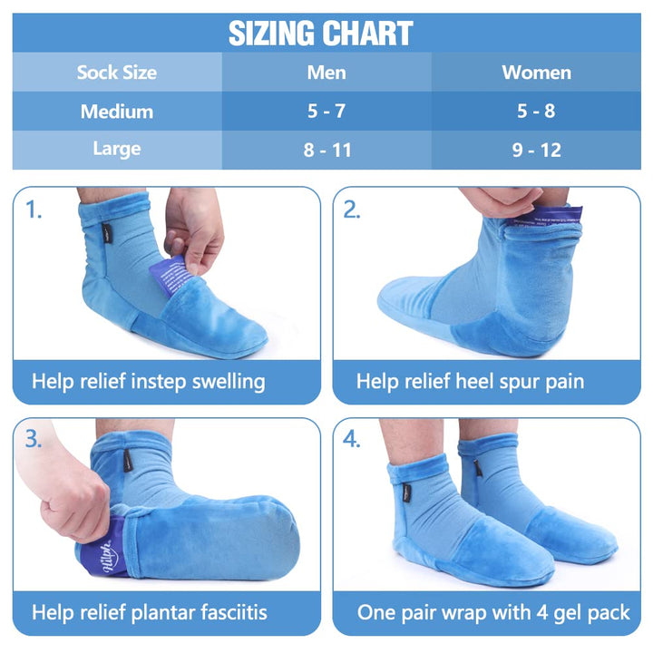 Cold Therapy Socks for Feet Pain Relief, Foot Ice Pack Cooling Socks with Reusable 4 Gel Ice Packs for Hot Feet, Neuropathy, Chemo, Plantar Fasciitis, Swelling, Post Partum Foot (Large)