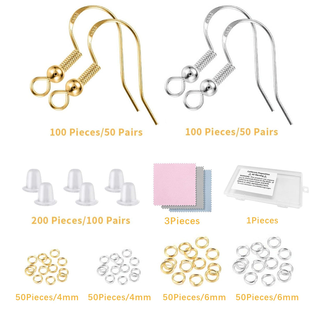 200 PCS/100Pairs 925 Sterling Silver and Gold Earring Hooks,Hypo-allergenic Fish Earring Hooks Earwires for DIY Jewelry Making Supplies with 200 PCS Soft Silicone Earring Backs