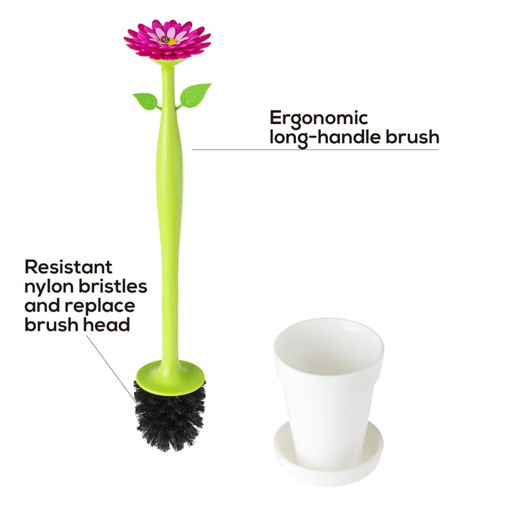 Flower Power Toilet Brush with Holder Set Toilet Brush with Daisy-Shaped Handle, Flowerpot Base with Saucer Durable Bristles for Bathroom, White