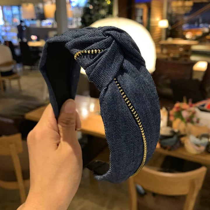 Vinobowtique 2Piece Women Jeans Zipper Headbands With Twist Knot Wide Turban Headwraps Hair Band Bows Accessories For Girls