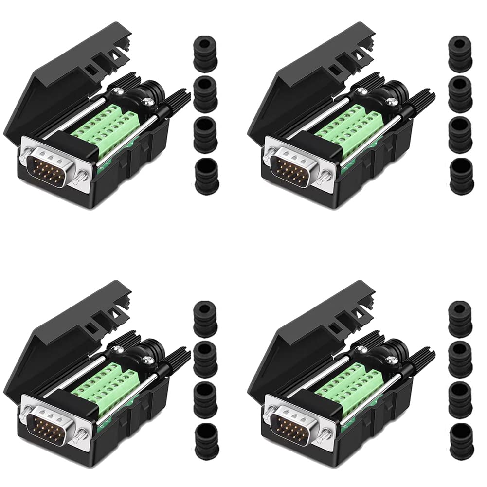 4Packs VGA DB15 3 Row Solderless Male Quick Connector, 3+9 D-SUB 15 Pin Port Terminal Solderfree Breakout Connector Board with Case Accessories Long Bolts