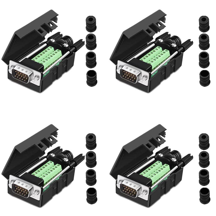 4Packs VGA DB15 3 Row Solderless Male Quick Connector, 3+9 D-SUB 15 Pin Port Terminal Solderfree Breakout Connector Board with Case Accessories Long Bolts