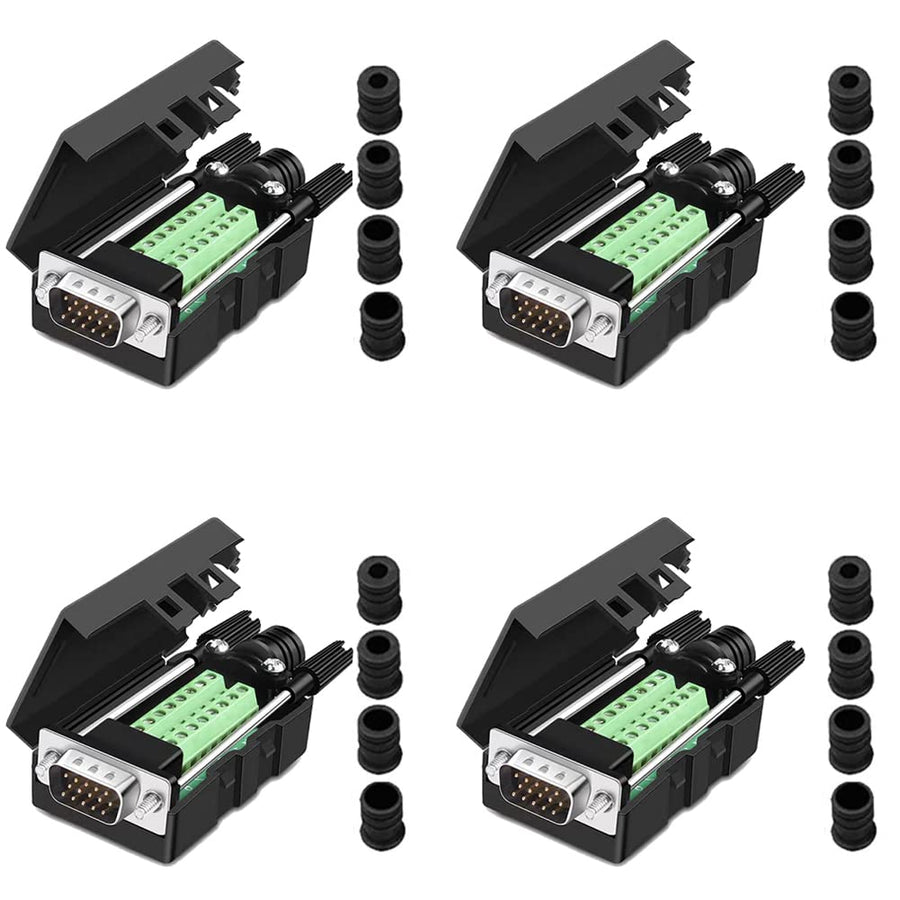 4Packs VGA DB15 3 Row Solderless Male Quick Connector, 3+9 D-SUB 15 Pin Port Terminal Solderfree Breakout Connector Board with Case Accessories Long Bolts