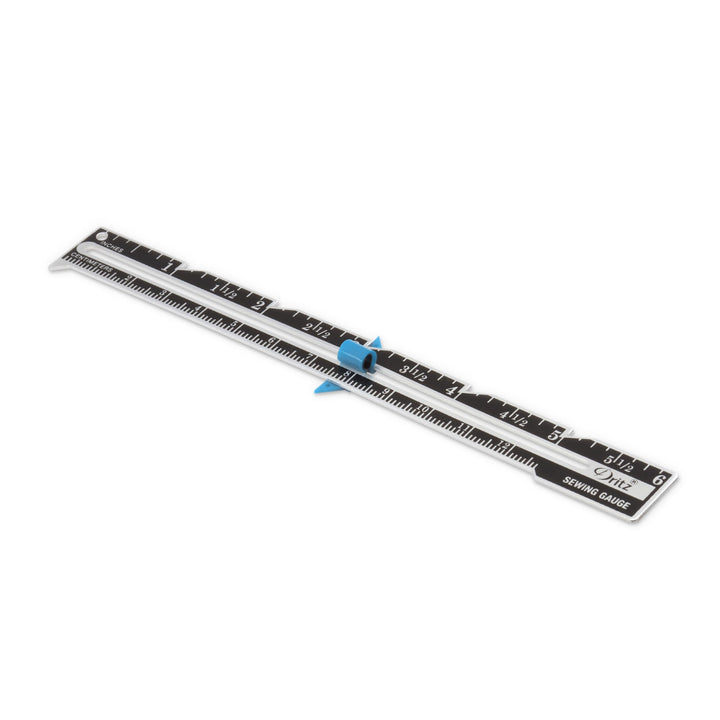 6 Sliding Marker Sewing Gauge, Nickel with Black Printing and Blue Slider