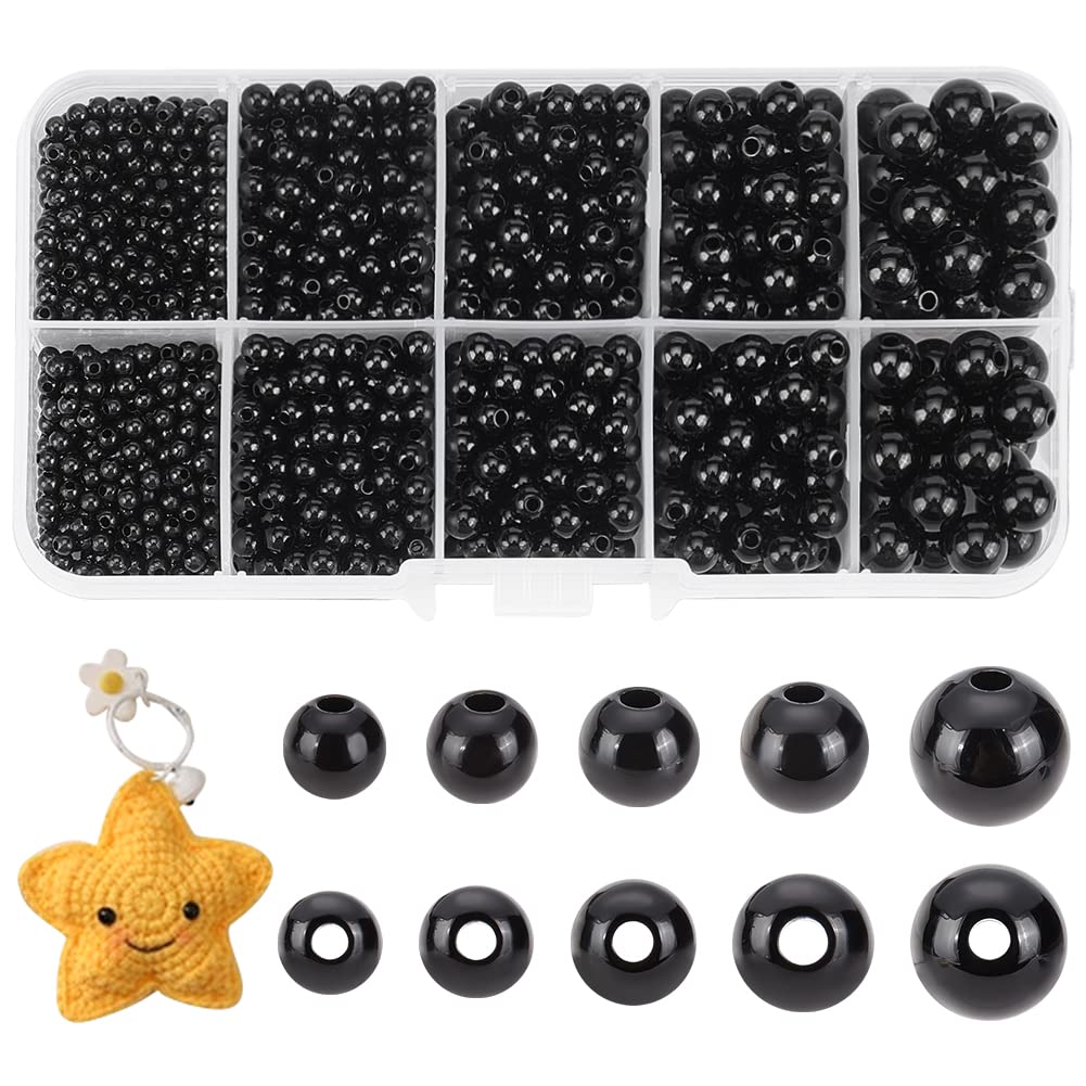 1380pcs Plastic Craft Beads, 5 Sizes Black Round Eyes for Doll Making, Amigurumi, Crochet, Bracelet Jewelry Making