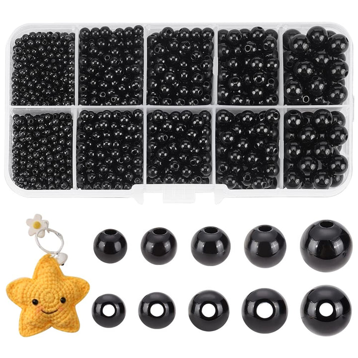 1380pcs Plastic Craft Beads, 5 Sizes Black Round Eyes for Doll Making, Amigurumi, Crochet, Bracelet Jewelry Making